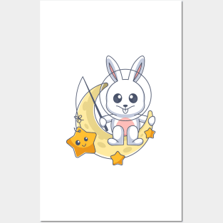 Cute bunny fishing for stars on the moon Posters and Art